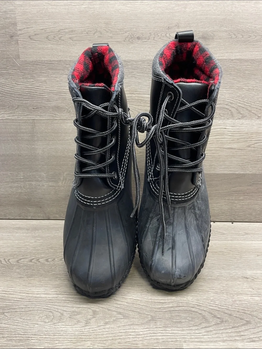 Mens Black Winter Duck Boots with Red Plaid Lining #2005